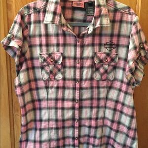 Harley Davidson Pink & Gray Plaid Garage Shirt.